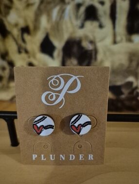Plunder Baseball Red and Black Heart Round Stud Earrings